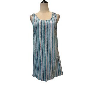Vtg 90s Seersucker Jumper Dress S Striped Cotton Pinafore Coastal Cottagecore
